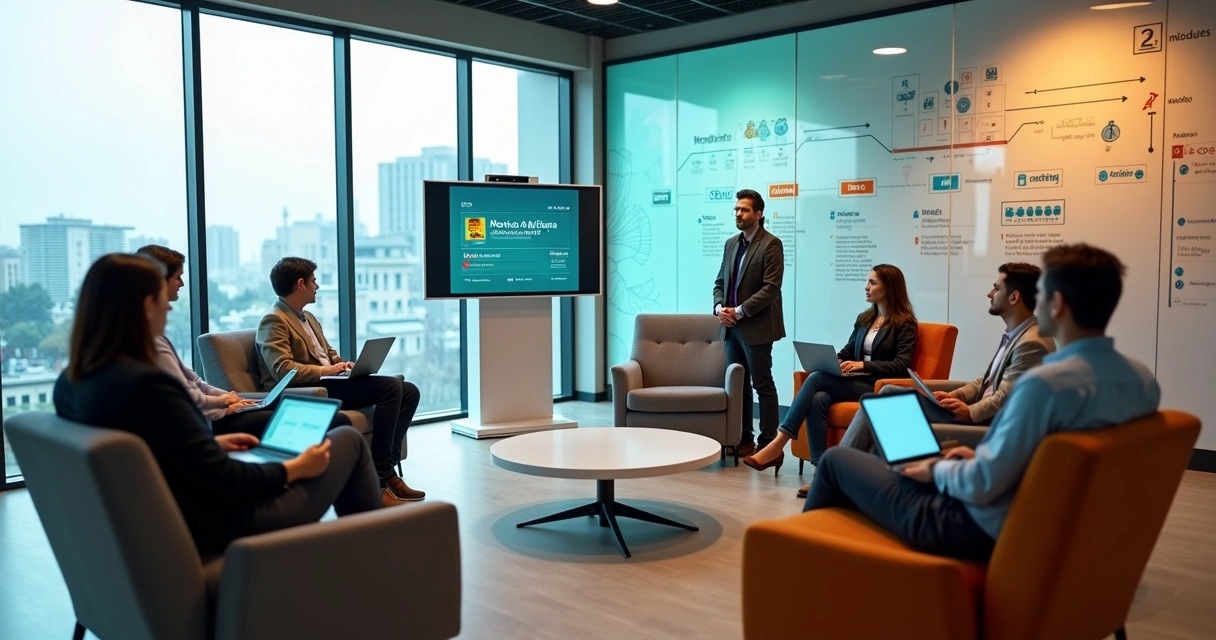 Novos colaboradores em círculo participando de onboarding suportado por plataforma LMS corporativa 