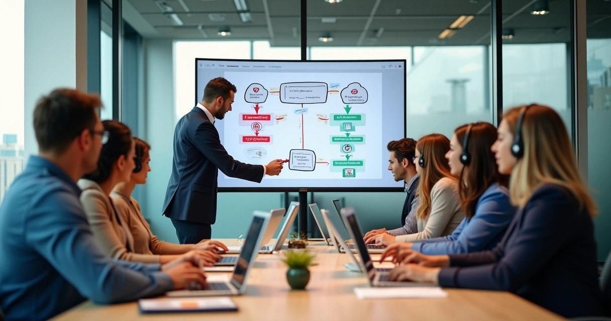 Gestor apresentando processo de onboarding comercial para equipe de vendas em sala de reunião 