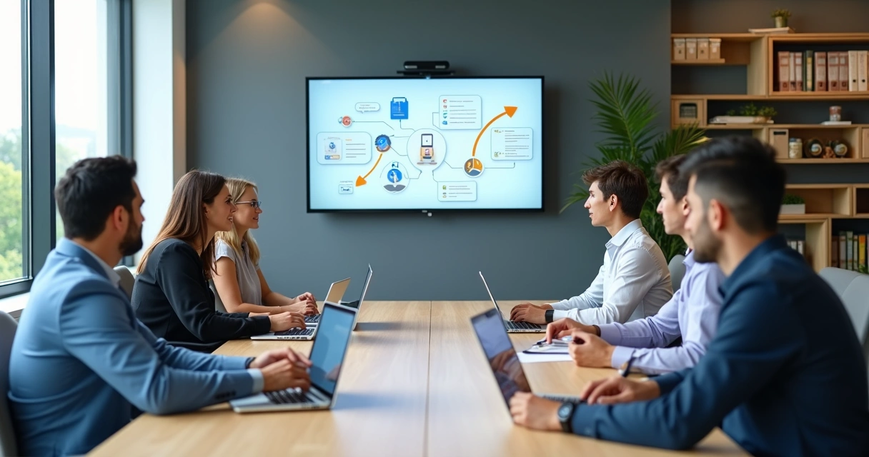 Reunião entre equipe contábil e cliente com fluxos de onboarding exibidos em tela 