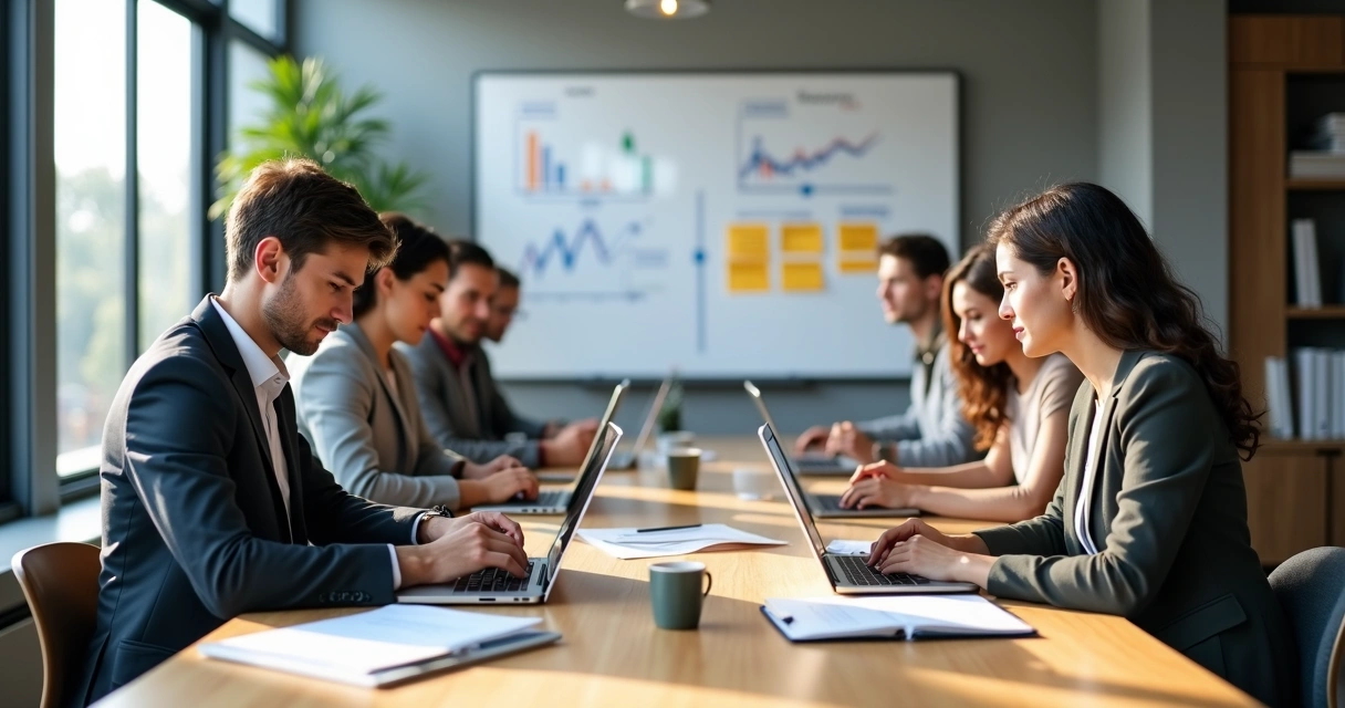 Profissionais de contabilidade em escritório moderno revisando documentos digitais em computadores para processo de onboarding de clientes 