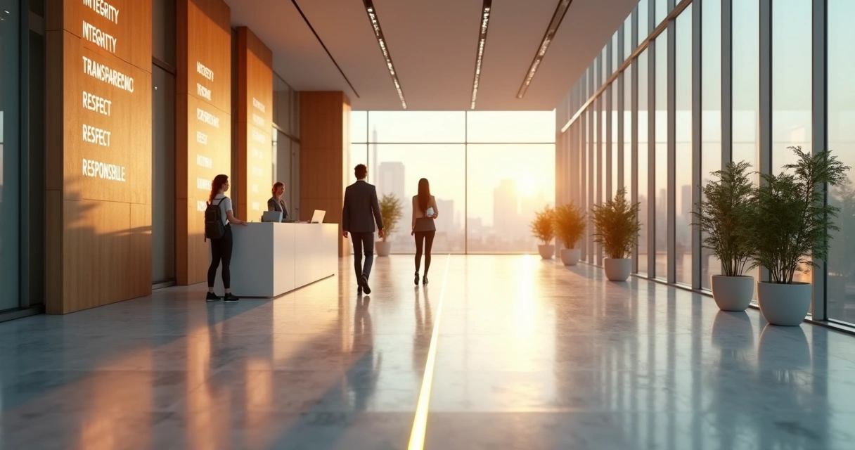 Novo colaborador caminhando por corredor corporativo com valores éticos iluminados nas paredes 