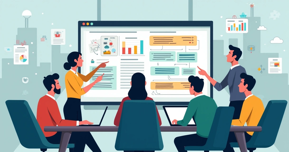 Equipe de desenvolvedores reunida em frente a uma tela digital com diagramas visuais de software 