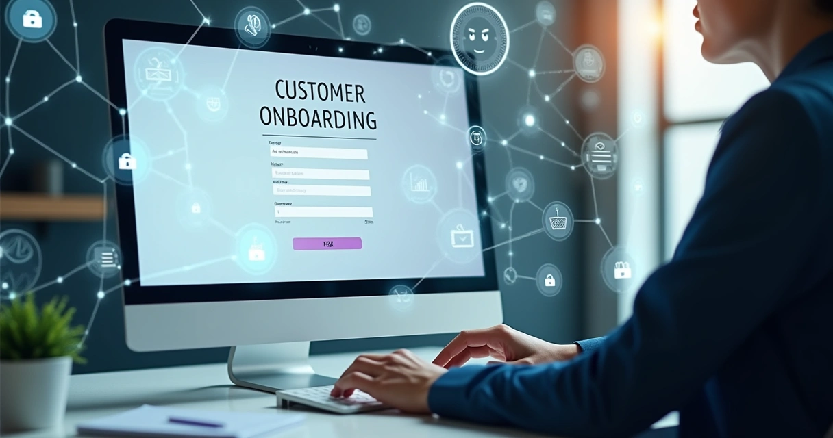 Representação de onboarding digital de clientes com tela de computador, documentos e verificação de identidade. 