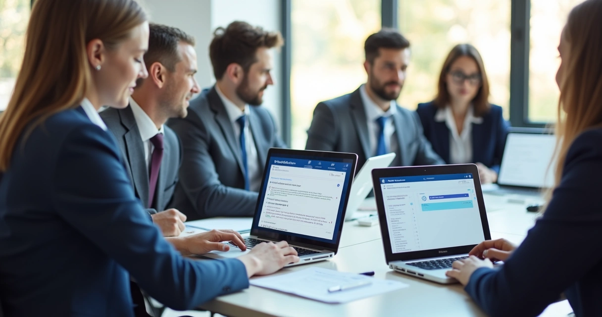 Equipe revisando telas de onboarding digital em computadores 