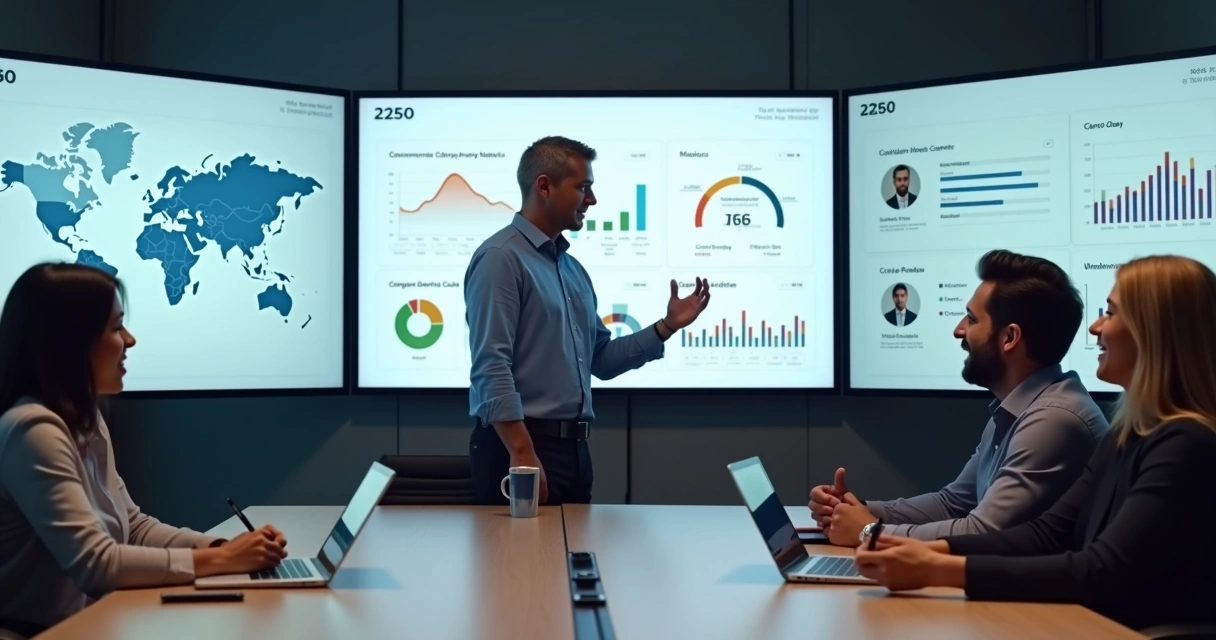 Equipe de onboarding orientando clientes em mesa de reunião com telas e gráficos 