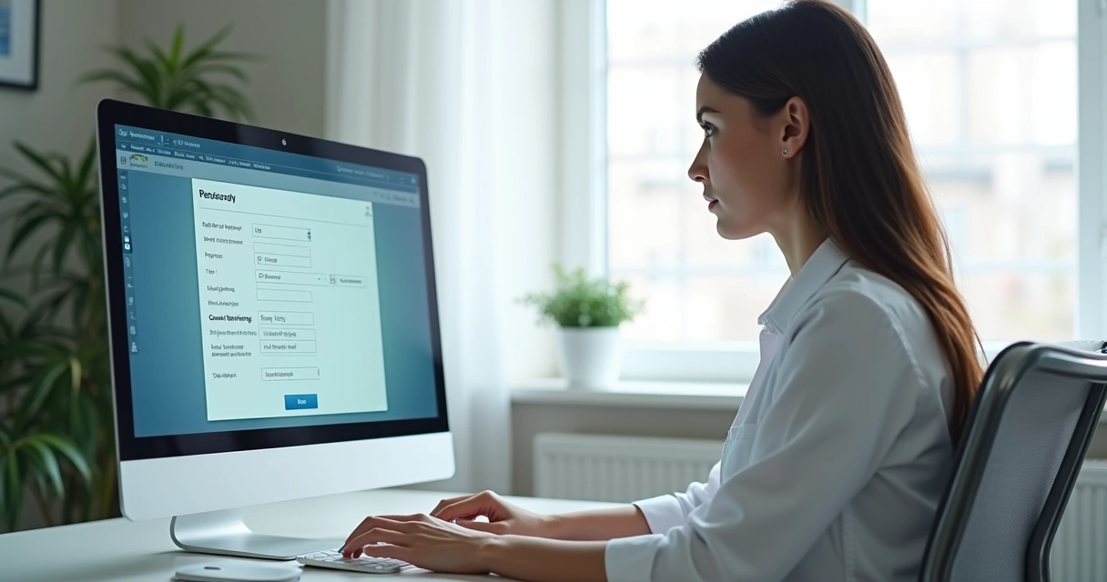 Tela de computador mostrando formulário digital de cadastro de paciente em clínica 