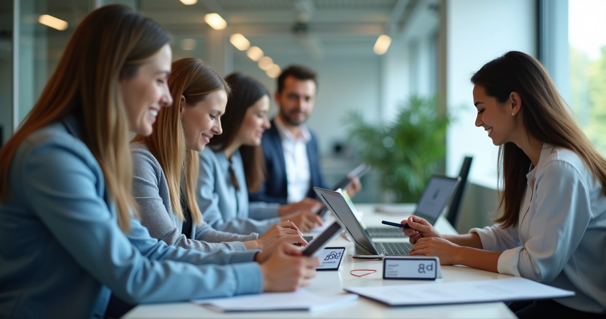 Novos colaboradores inserindo documentos e recebendo crachás em onboarding digital 