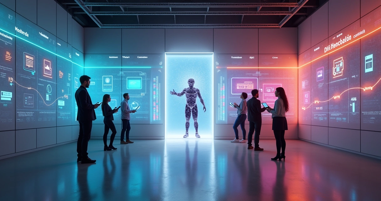Equipe sendo recebida por avatar de IA em painel digital de onboarding 