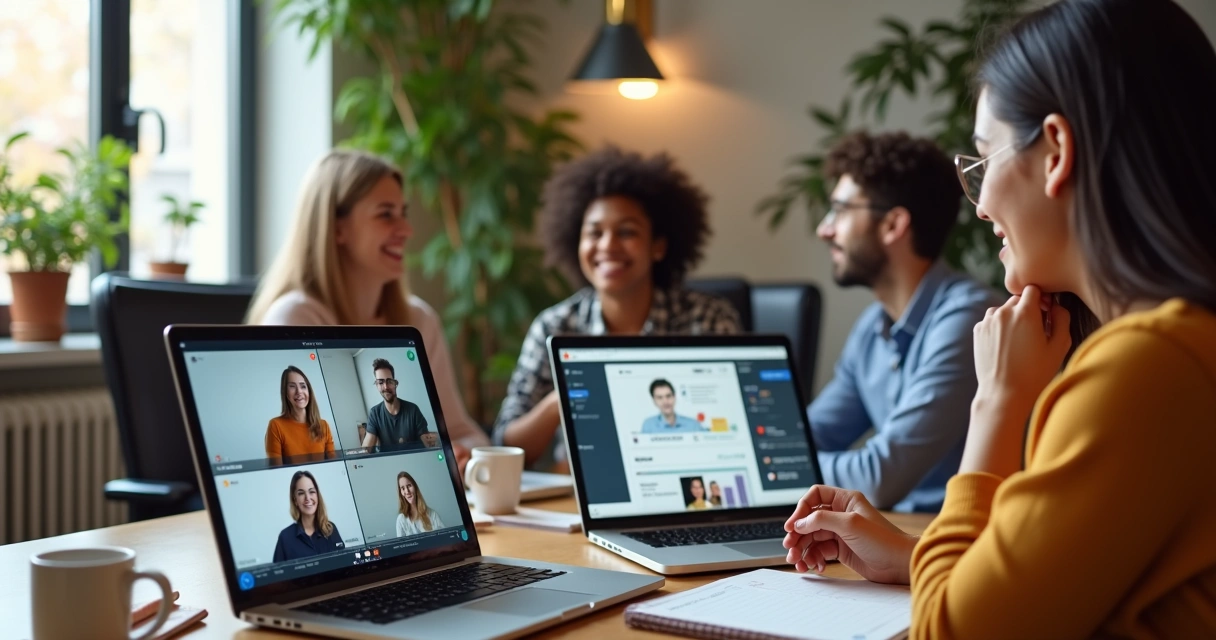 Equipe remota reunida com laptops durante integração online
