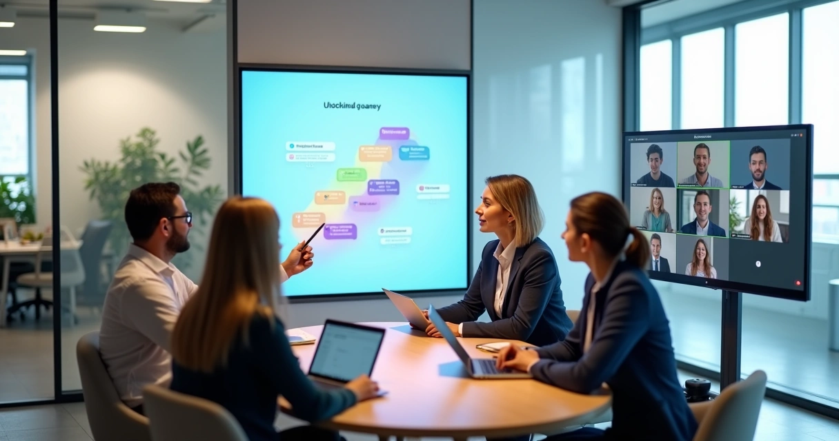 Equipe diversa em onboarding digital diante de grande tela com fluxo de integração 