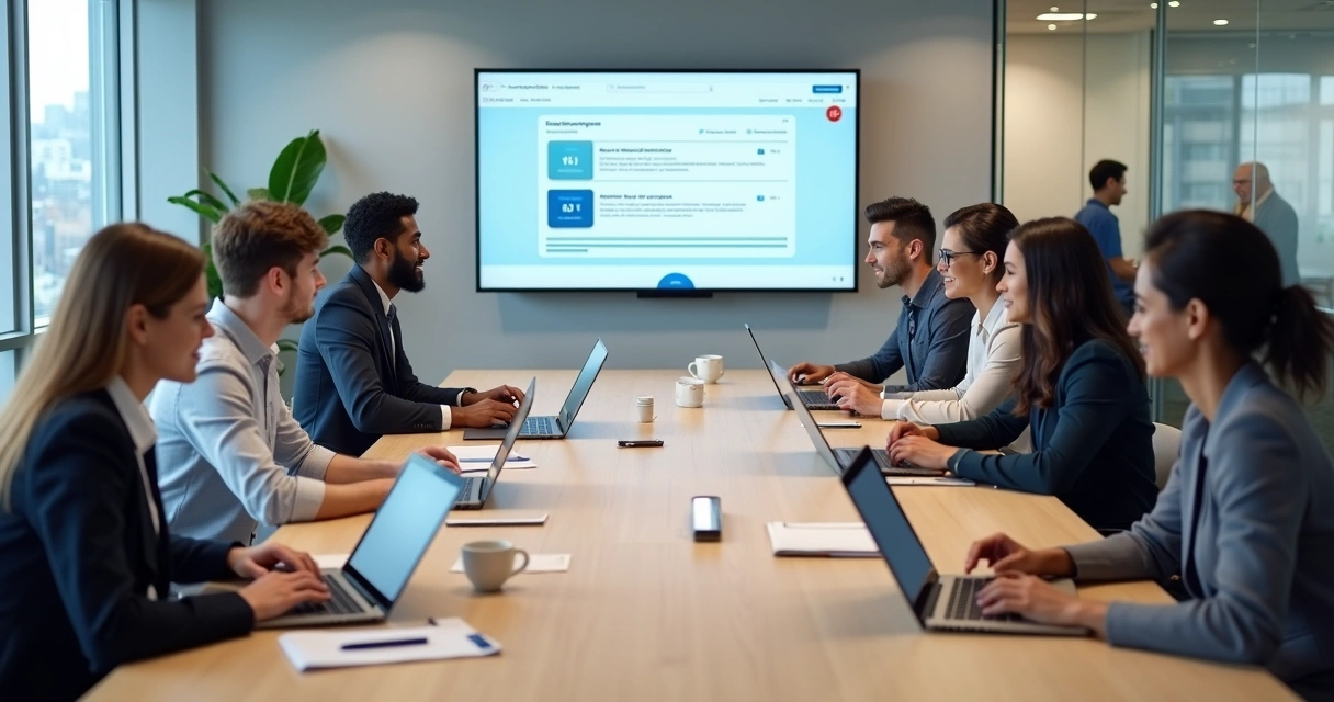 Equipe em treinamento digital assistindo onboarding em telas grandes 