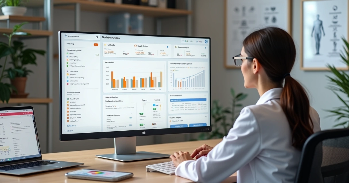 Nutricionista analisa painel digital de onboarding com paciente ao lado 