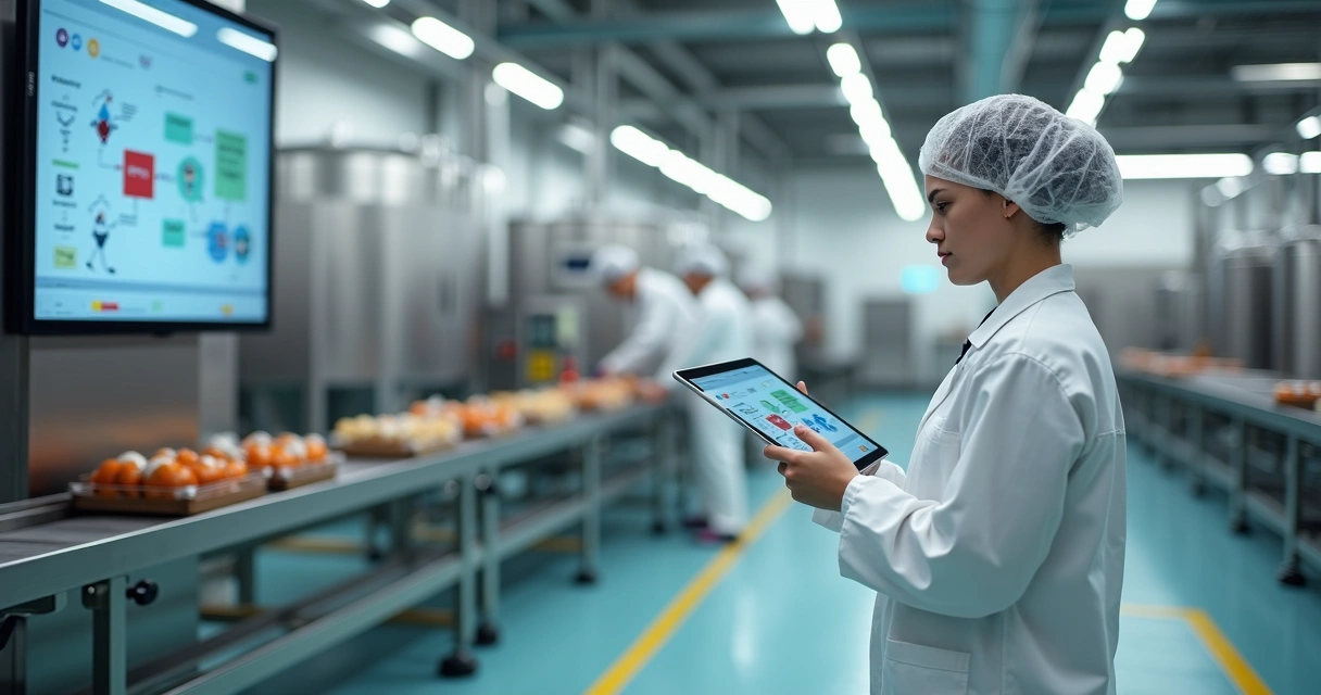 Operadora em fábrica de alimentos usando tablet com treinamento digital na tela 