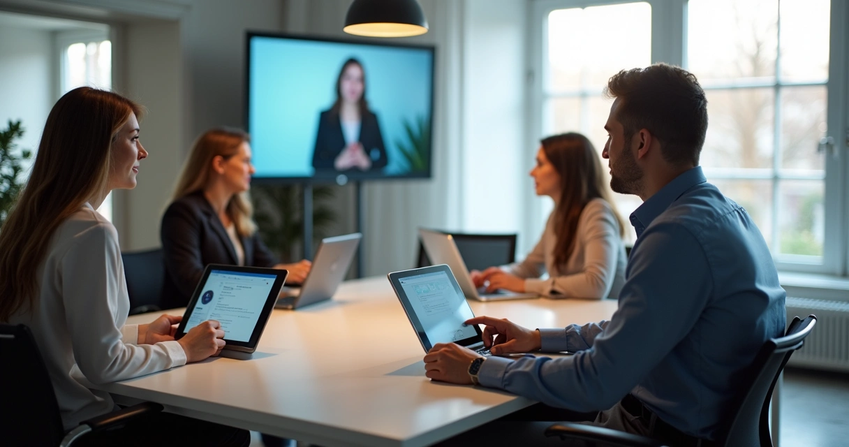 Novos colaboradores acompanhando onboarding digital no escritório