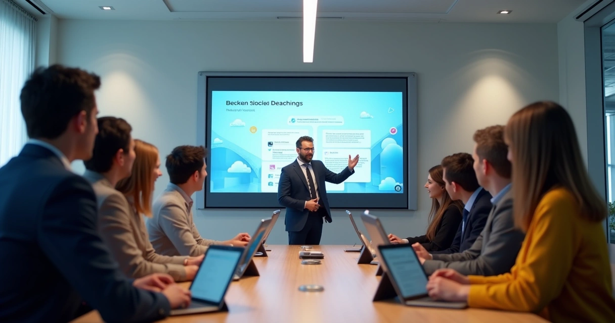 Grupo de novos funcionários assistindo vídeo de onboarding em telão 