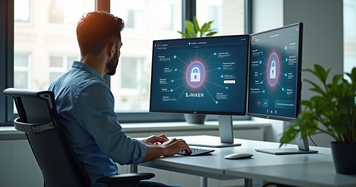 Profissional sentado em mesa moderna usando computador com telas exibindo gráficos e sistemas de segurança digital em escritório tecnológico 