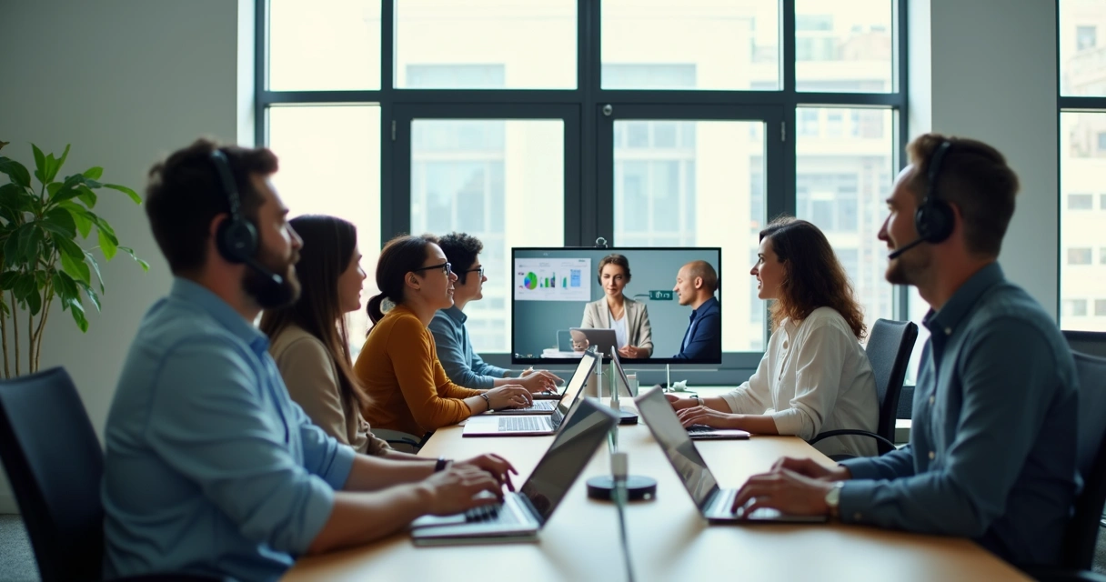 Profissionais trabalhando remotamente em um onboarding digital com laptops e videoconferência em ambiente moderno e iluminado 