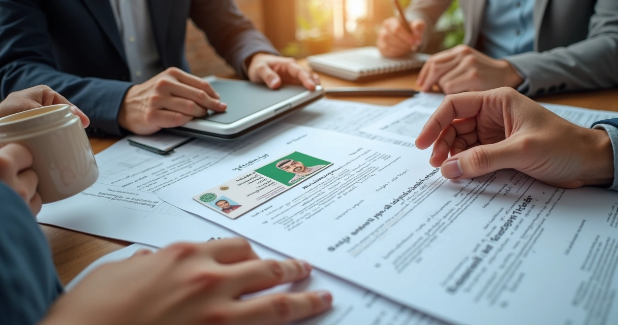 Close-up of hands checking digital onboarding documents and Saudi ID 