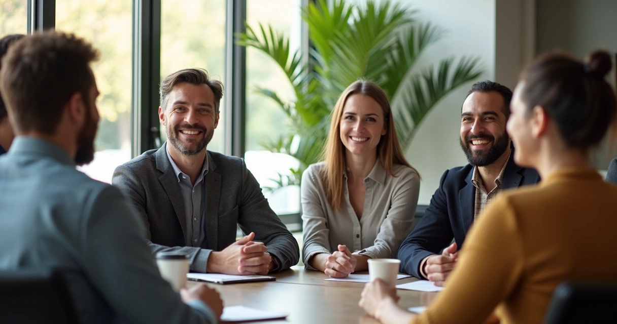 Equipe reunida em uma sala, com novo colaborador sendo apresentado de forma descontraída 