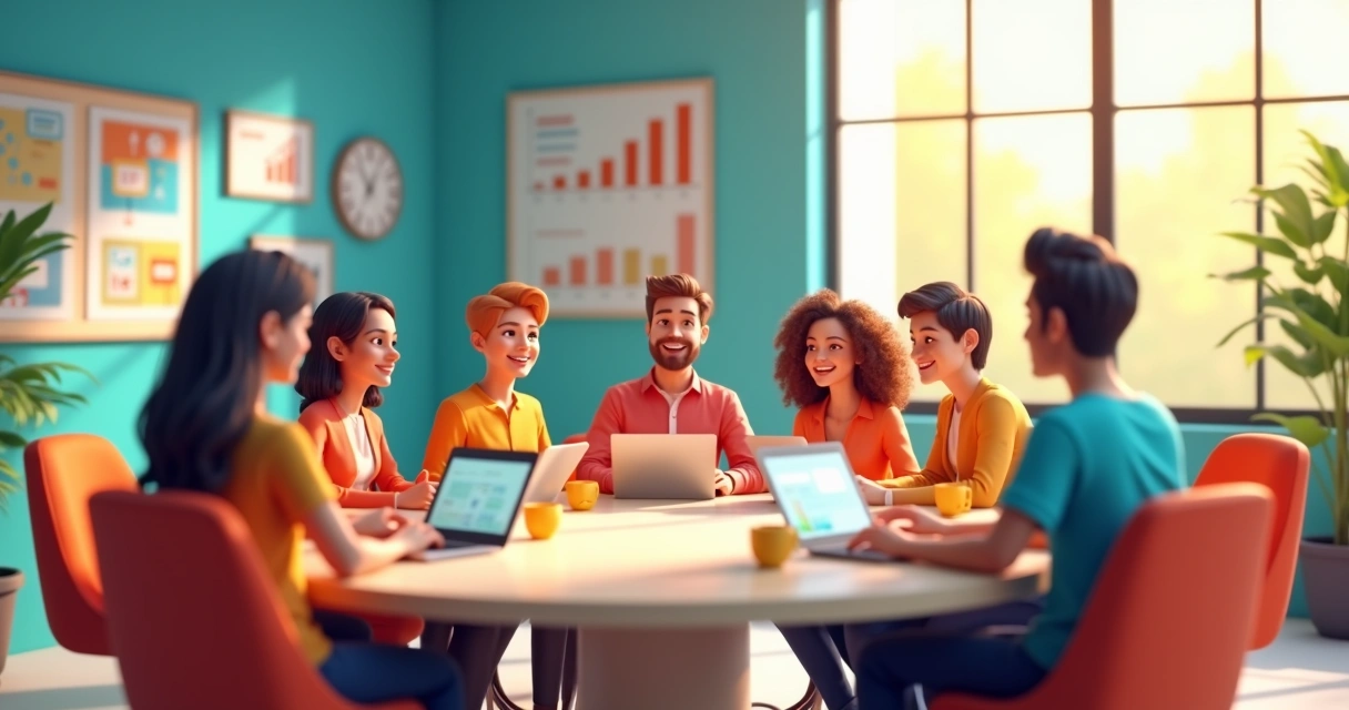 Equipe diversa participando de integração em uma sala de escritório colorida 