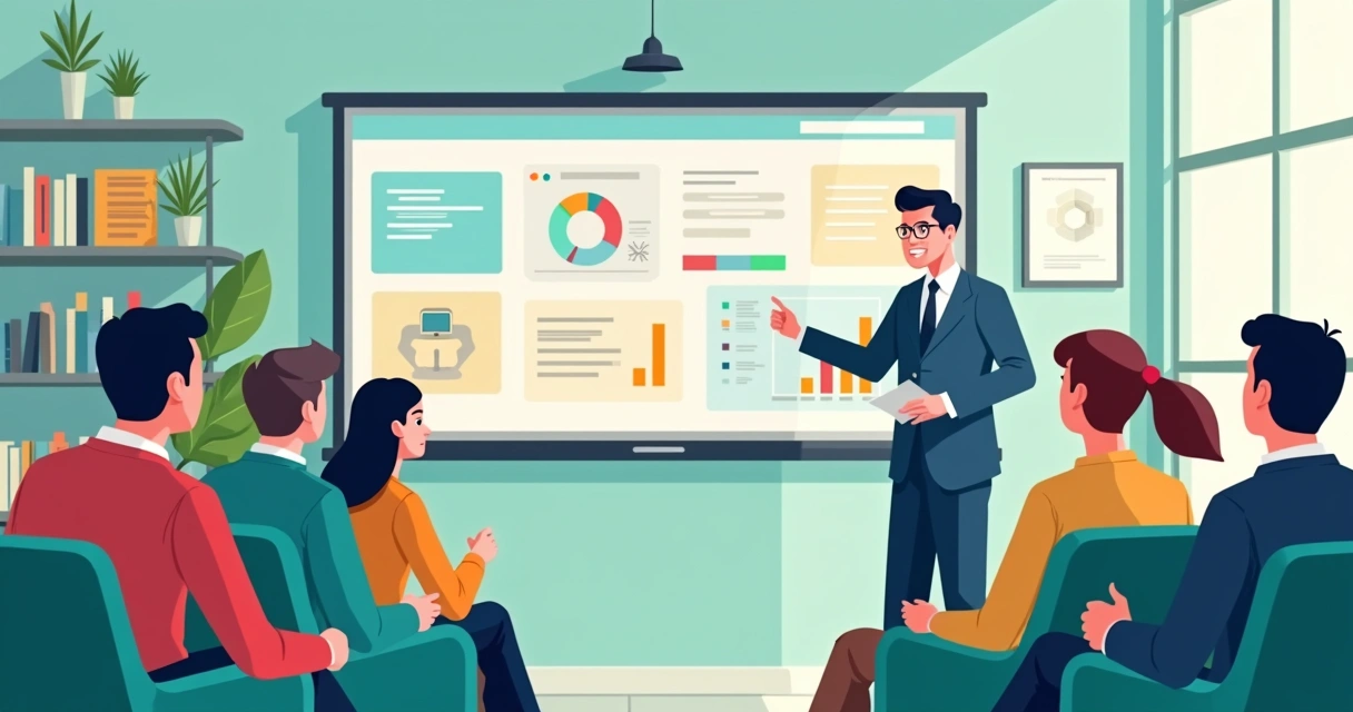 Equipe sindical em treinamento digital com instrutor apontando para tela