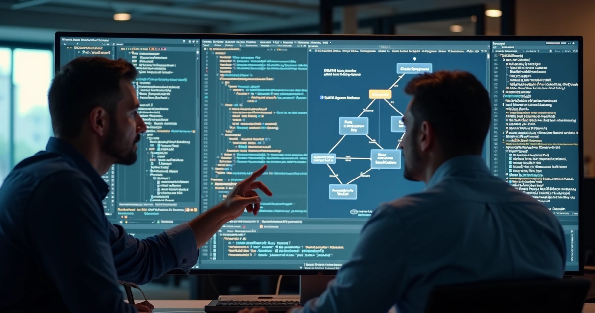 Engenheiro treinando novo membro da equipe junto a sistemas complexos 