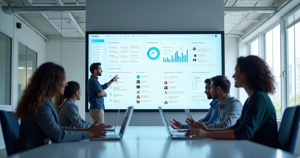 Equipe de vendas e agente virtual colaborando durante o onboard de cliente digital em ambiente corporativo. 