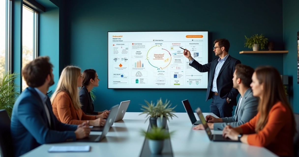 Líder revendo fluxo de onboarding com assistente de IA em tela grande 