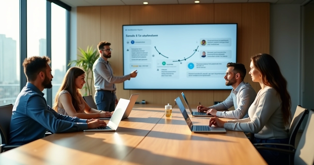 Reunião de onboarding com novo funcionário e assistente virtual em tela 