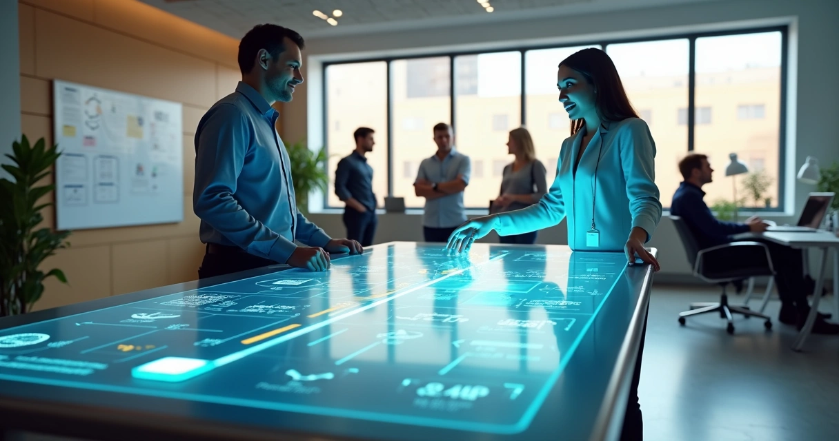 Novo colaborador de TI usando mesa digital interativa ao lado de assistente virtual de IA alegre 