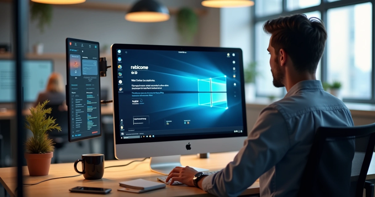 Processo digital de onboarding com IA, novo colaborador interagindo com assistente virtual em tela de computador 