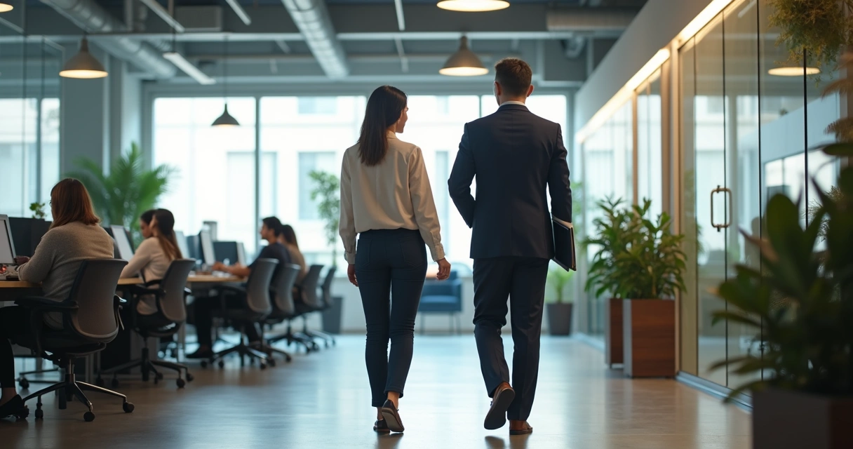 Gestor em onboarding observando ambiente de trabalho