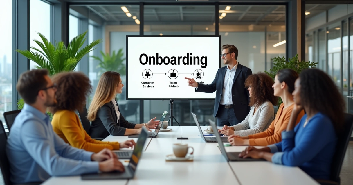 Líderes participando de um treinamento de onboarding em sala moderna com quadro branco e laptop aberto 