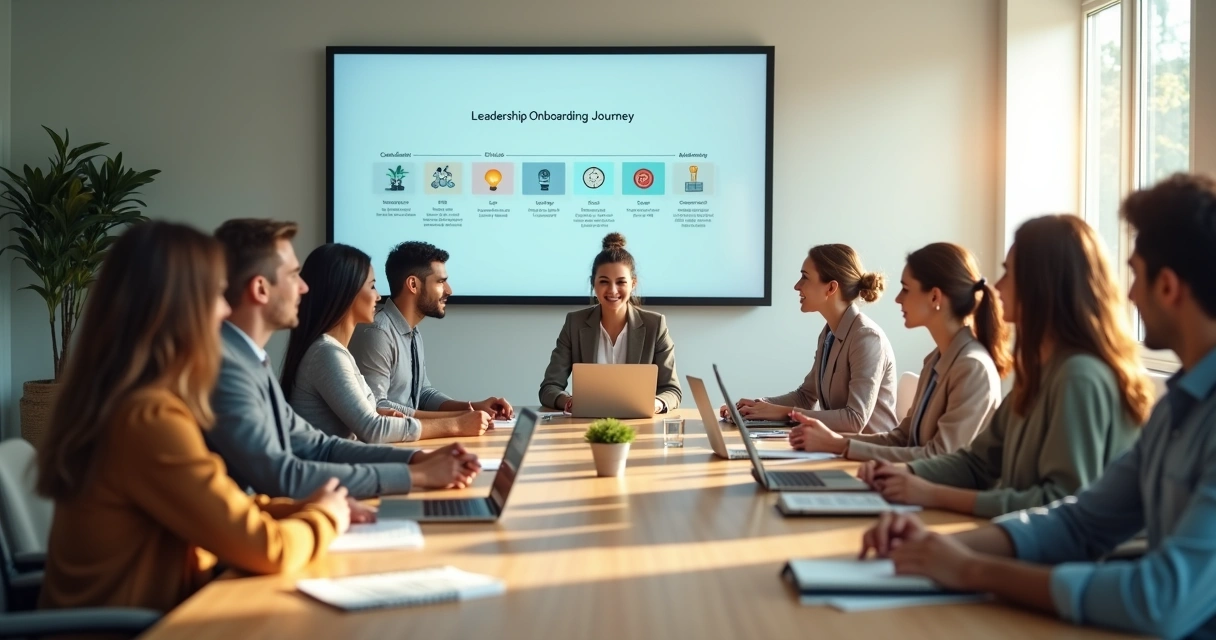 Nova líder sendo recebida em reunião de integração com equipe de forma acolhedora 