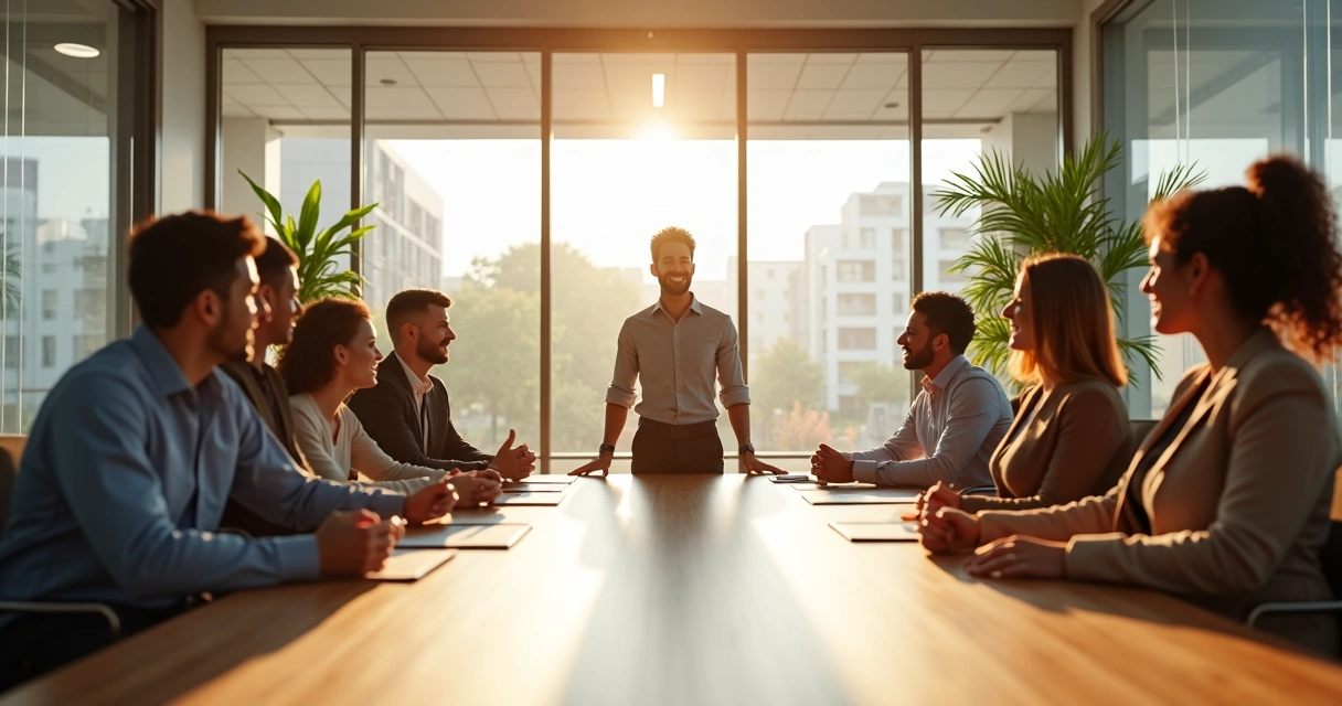 Novo colaborador com equipe acolhedora em sala de reuniões iluminada 