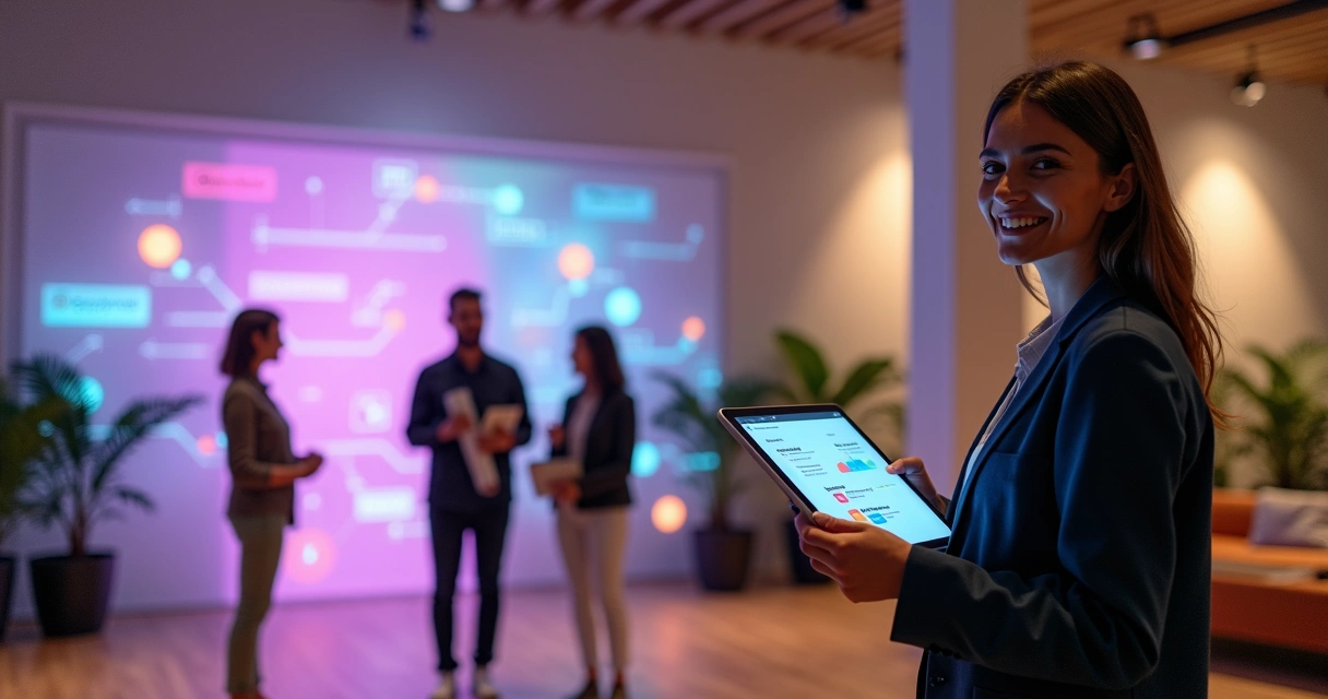 Mentora recebendo novo grupo de mentorados em recepção moderna conectada a portal digital 