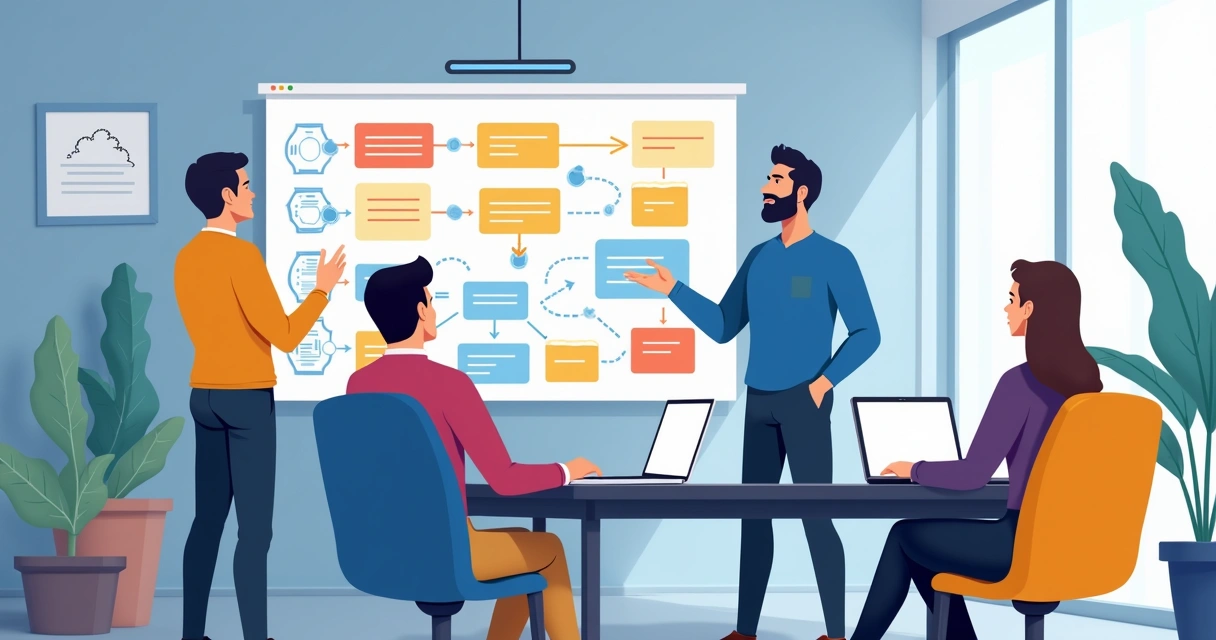 Time de desenvolvedores olhando para um diagrama digital em uma tela grande