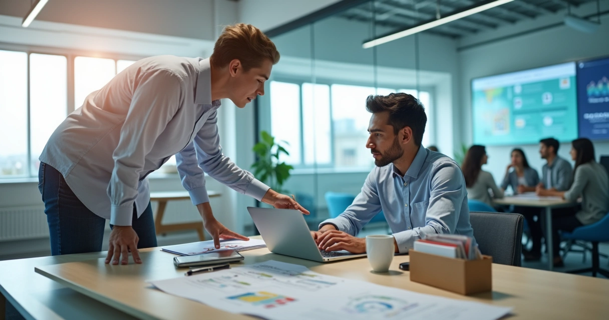 Gestor recebendo novo funcionário em treinamento de onboarding em escritório moderno 