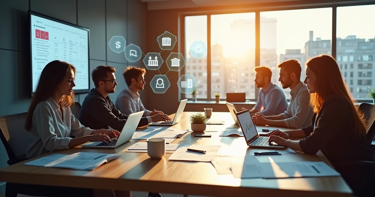 Equipe de escritório contábil reunida em mesa com laptops, gráficos digitais e documentos fiscais organizados 
