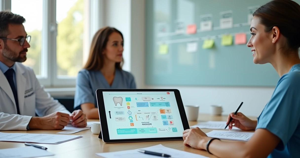 Equipe odontológica reunida ao redor de tablet com fluxo organizado de onboarding de pacientes 