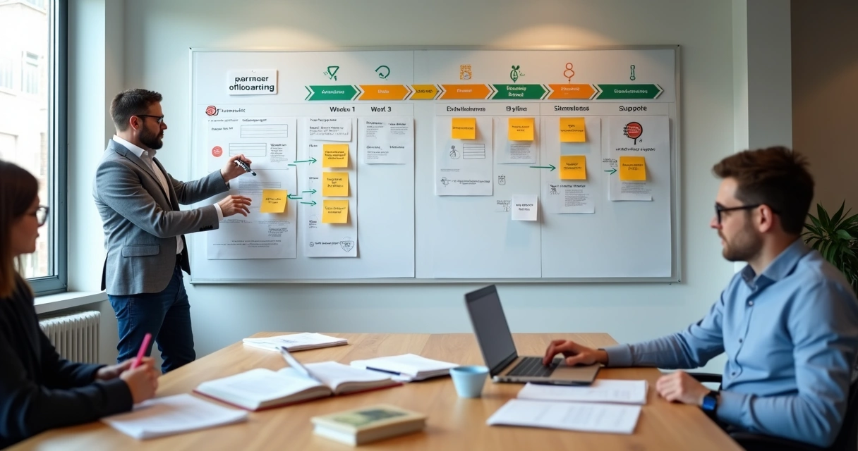 Mesa de trabalho com mural de onboarding de parceiros organizado em etapas 