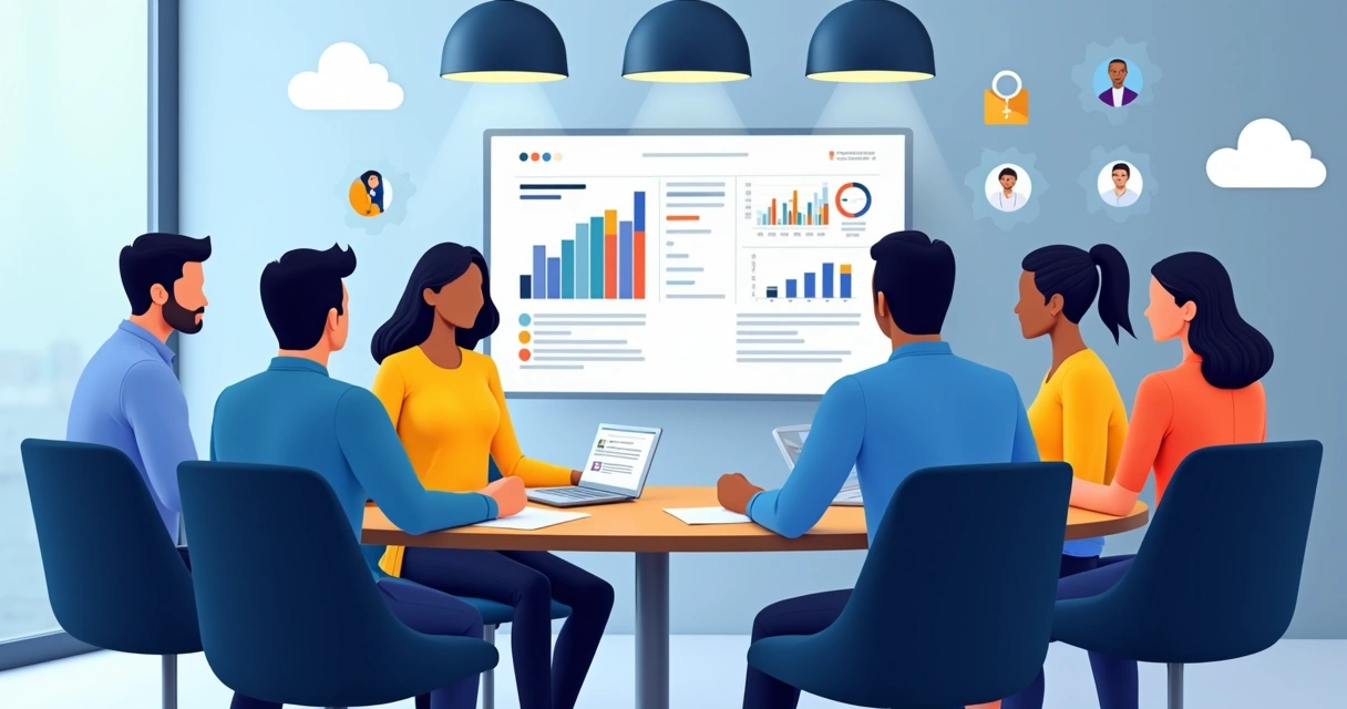 Equipe em treinamento de onboarding, gráficos e tecnologia ao fundo 