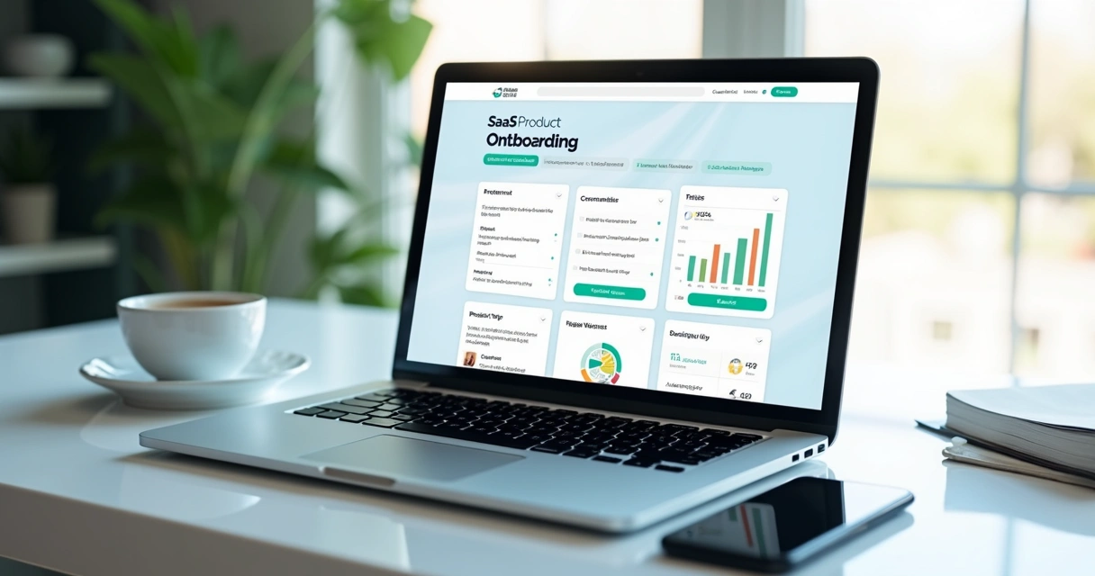 Tela de onboarding de produto SaaS com métricas e etapas iniciais
