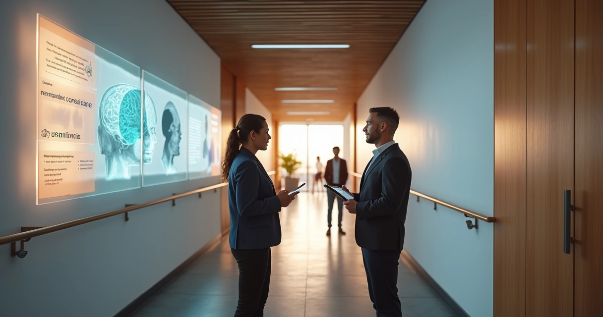 Novato sendo acolhido por equipe em corredor de escritório com informações projetadas 