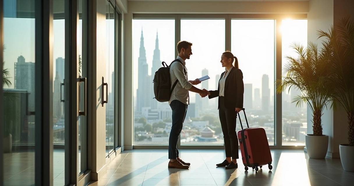 New engineer with suitcase beginning onboarding in Middle East office