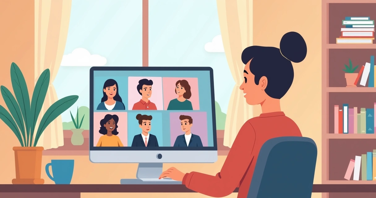 Pessoa em casa fazendo videoconferência com equipe 