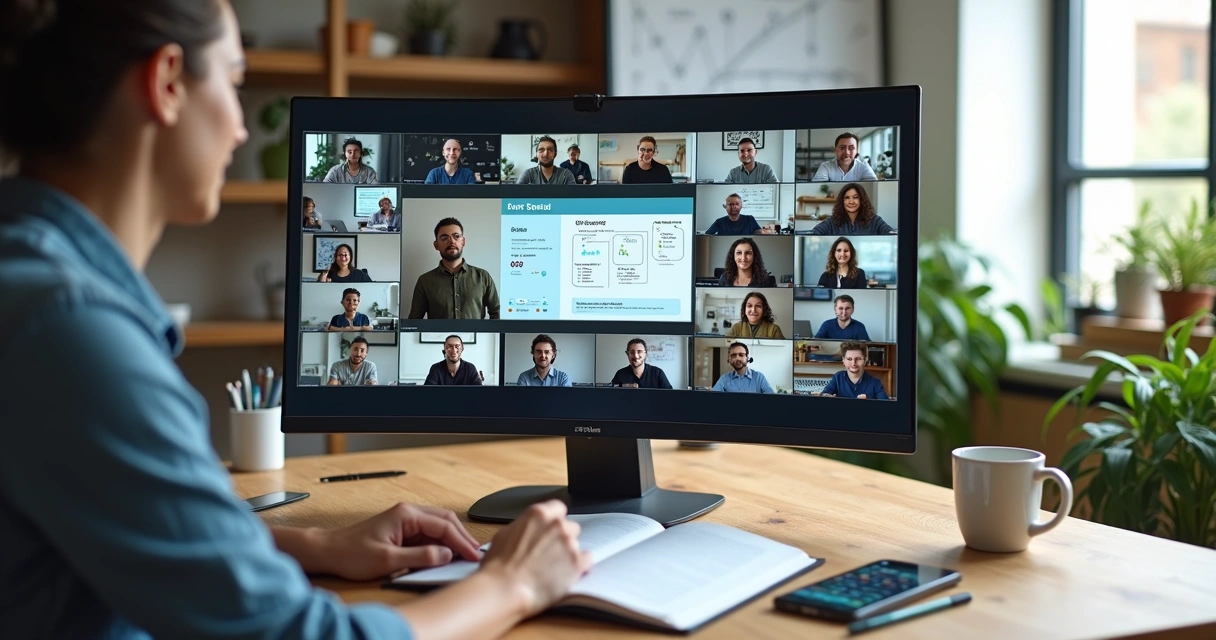 Time de SDRs em onboarding remoto conectados em sala de videoconferência 