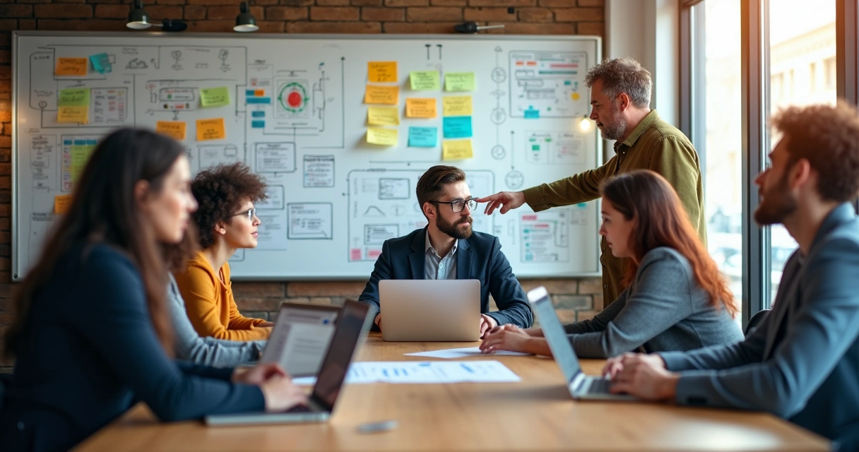 Equipe de engenharia em reunião de onboarding técnico colaborando em frente a um quadro com fluxos e diagramas 