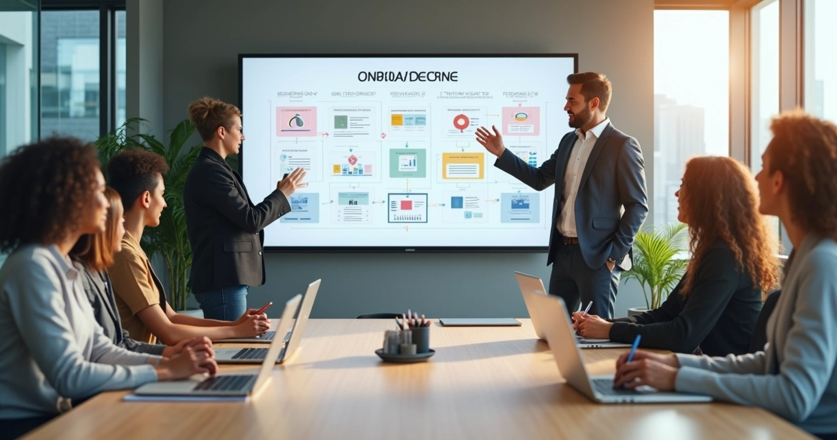 Equipe de novos colaboradores em reunião de onboarding com cronograma projetado na tela 