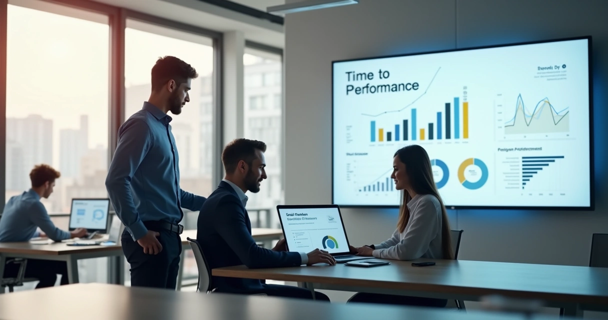 Gestor orientando nova funcionária em treinamento com dashboard de desempenho ao fundo 